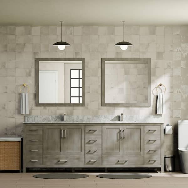 Jacques 84 in. W x 22 in. D Distressed Grey Double Bath Vanity, Carrara Marble Top, and 34 in. Mirrors