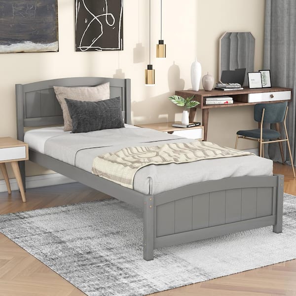 Harper & Bright Designs Gray Wood Frame Twin Size Platform Bed with Slats, Headboard and Footboard