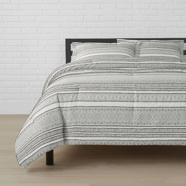 StyleWell Tara 3-Piece Gray and White Boho Textured Stripe Cotton Full/Queen Comforter Set