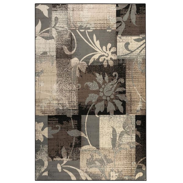 HomeRoots 6 ft. x 9 ft. Beige and Gray Floral Power Loom Distressed Stain Resistant Area Rug