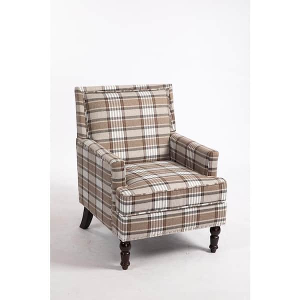 Zeus & Ruta Coffee Cotton Wood Outdoor Lounge Chair with Blue and White Striped Linen Fabric, Nailhead Trim for Living Room