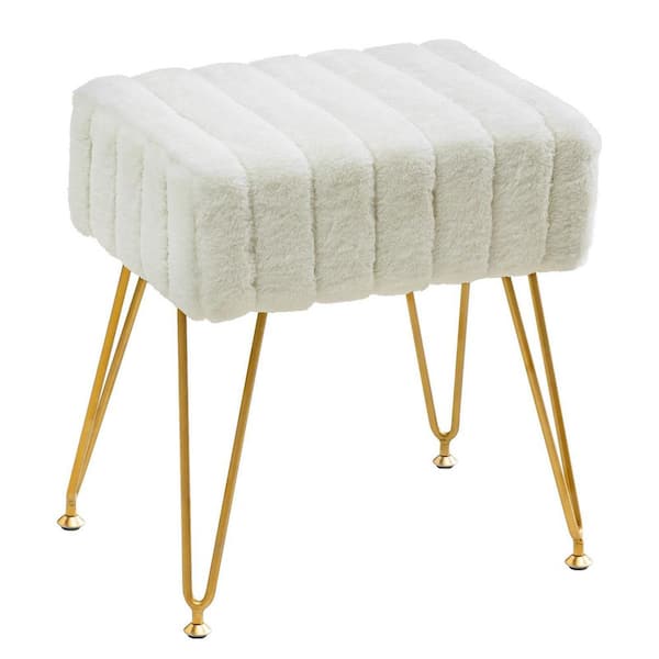 LUE BONA 18.5 in. White Faux Fur Square Vanity Stool with Gold Base for Makeup Room