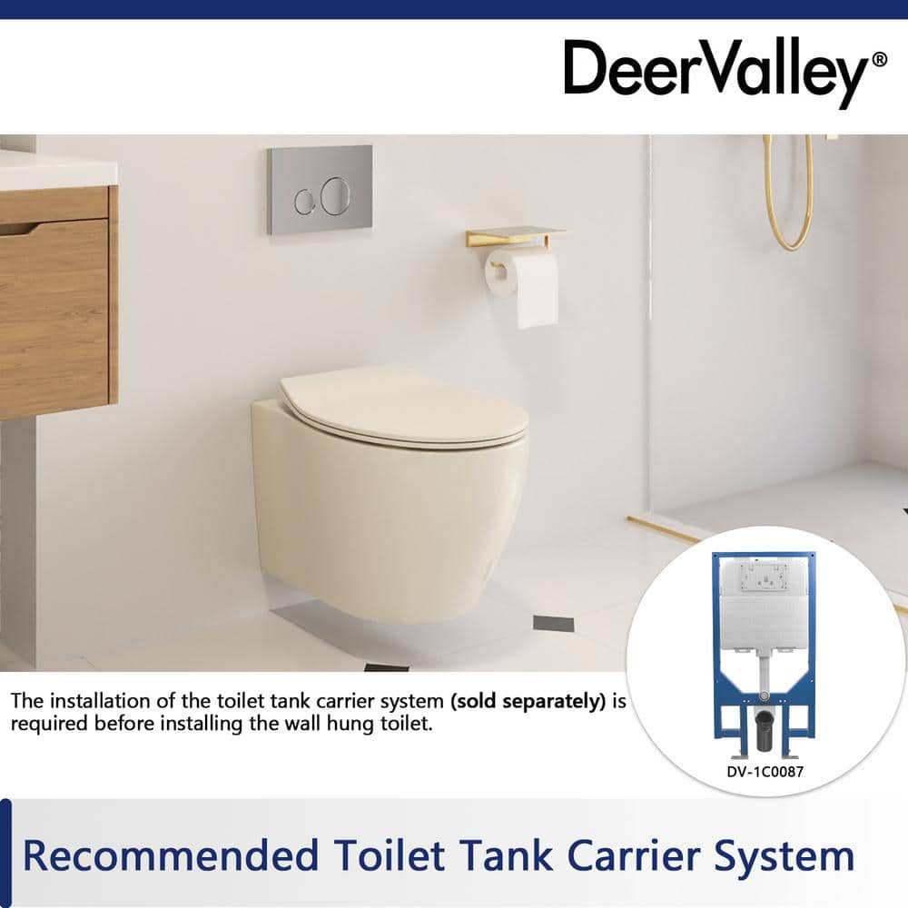 Beige Ceramic Wall-Hung Elongated Toilet with Slow-Close Seat