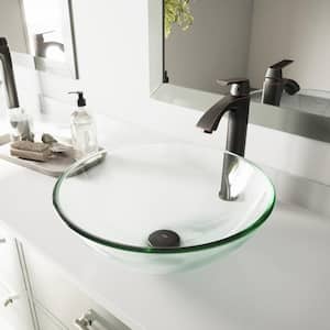 Glass Round Vessel Bathroom Sink in Iridescent with Linus Faucet and Pop-Up Drain in Antique Rubbed Bronze