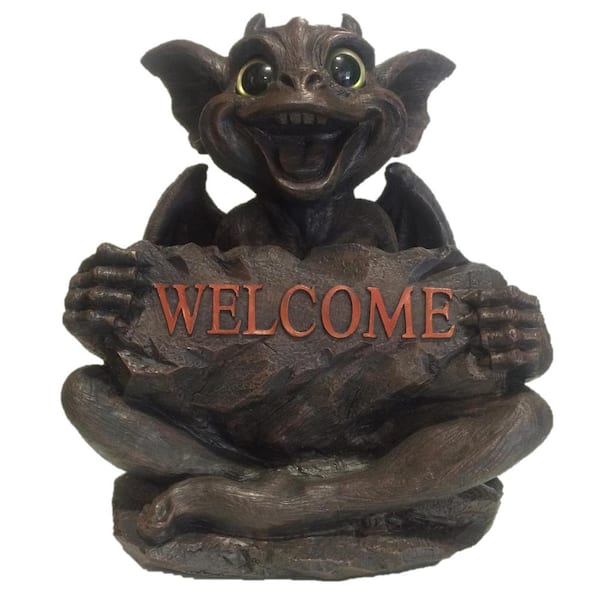 HOMESTYLES 21 in. Big Sister Natasha Gargoyle with Gold Eyes Holding WELCOME Sign Home and Garden Statue