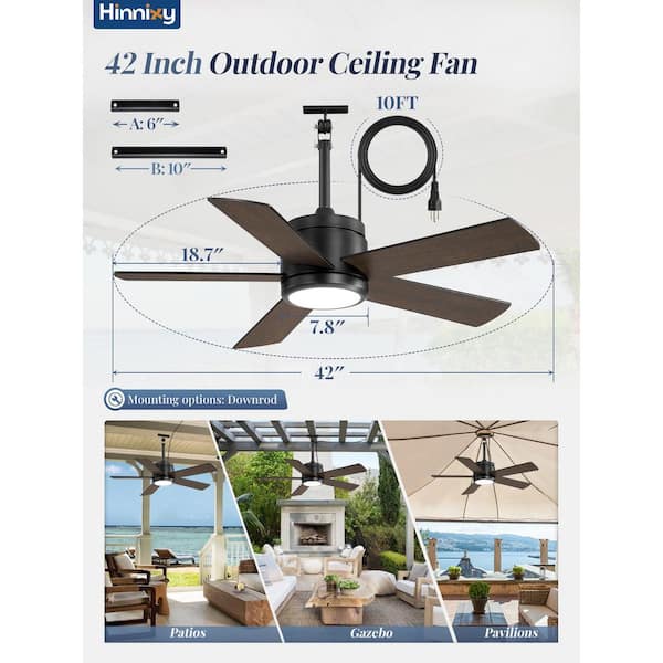 42 in. Outdoor Black Waterproof Ceiling Fan with Lights and Remote Control, 6-Speeds, 3-CCT, Hook-Hung IP65 Ceiling Fans