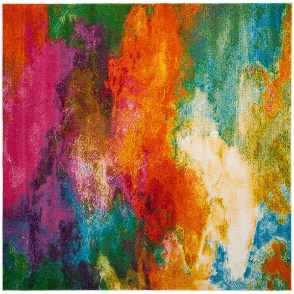 SAFAVIEH Watercolor Orange/Green 7 ft. x 7 ft. Square Abstract Area Rug