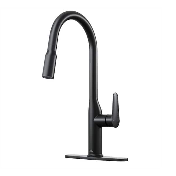 Boyel Living Modern Single Handle Pull Down Sprayer Kitchen Faucet with Deckplate and Water Supply Hoses in Matte Black