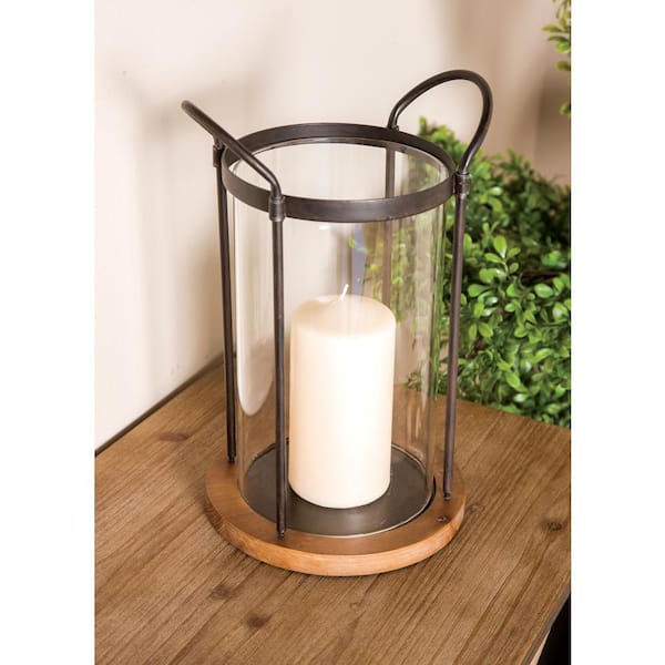 Litton Lane 13 in. Clear Glass Cylindrical Candle Holder with Iron Frame and Wooden Base