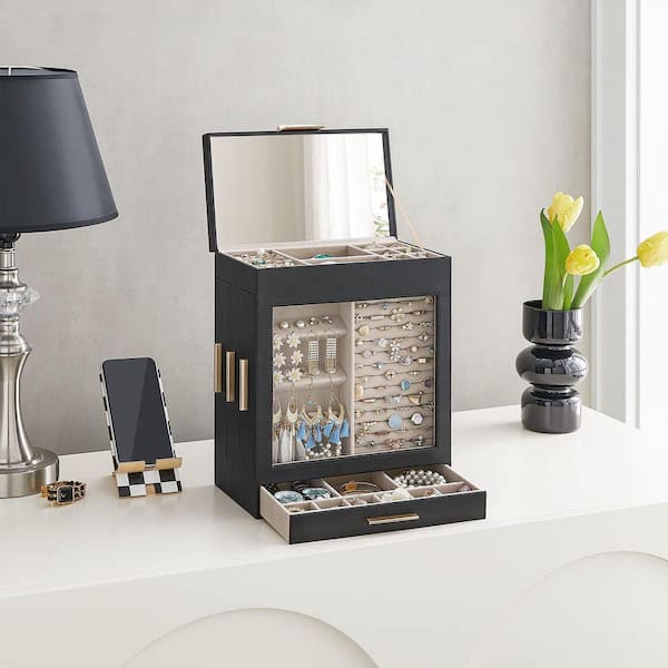 Ink Black 10.3 in. x 12.6 in. Polyurethane Jewelry Box with 3-Side