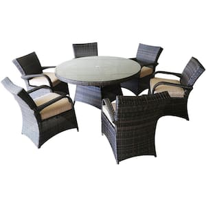 7-Piece Aluminum Frame Wicker Outdoor Dining Set with Beige Cushion and Tempered Glass Top Round Table