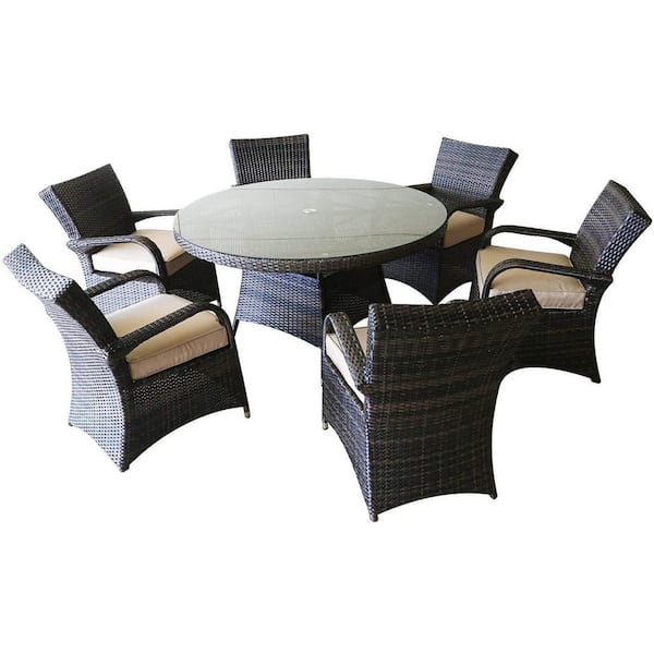 PATIOPTION 7-Piece Aluminum Frame Wicker Outdoor Dining Set with Beige Cushion and Tempered Glass Top Round Table
