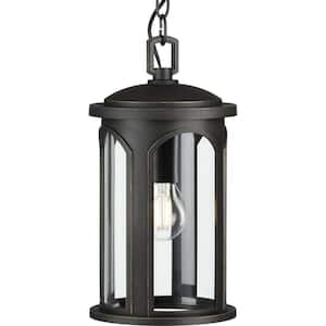Gables Collection 1-Light Antique Bronze and Clear Glass Transitional Style Outdoor Hanging Pendant with DURASHIELD