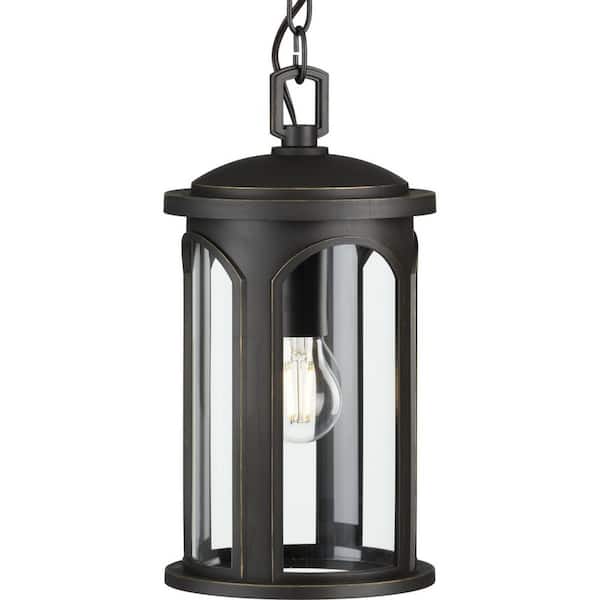 Progress Lighting Gables Collection 1-Light Antique Bronze and Clear Glass Transitional Style Outdoor Hanging Pendant with DURASHIELD