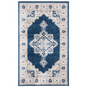 Brentwood Navy/Cream Doormat 3 ft. x 5 ft. Floral Medallion Border Area Rug