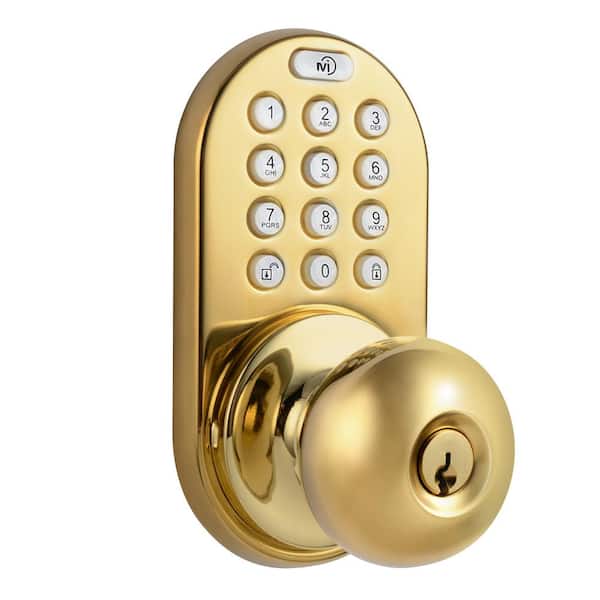 MiLocks Polished Brass Single-Cylinder Electronic Door Knob with Keyless Back-Lit Keypad Entry