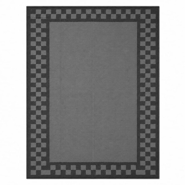 Gray/Black 8 ft. x 10 ft. Reversible Waterproof Plastic Straw Geometric Outdoor Patio RV Rug with Stakes Area Rug