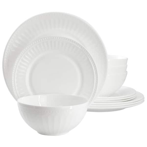 Gibson Ultra Swanton Arch 12 Piece Break-Resistant Opal Glass Dinnerware Set in White