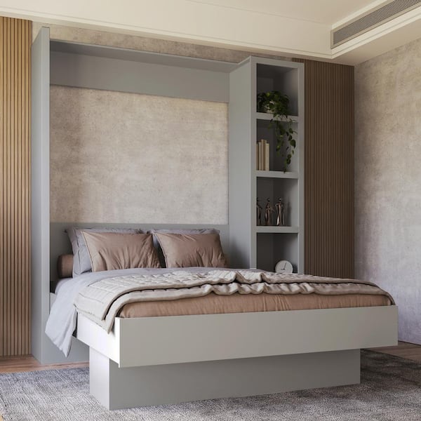 Easy-Lift Gray Wood Frame Queen Murphy Bed with Bookshelf