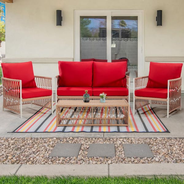 JOYSIDE Wicker Outdoor Patio 3 Seat Sofa Couch with Red Cushion