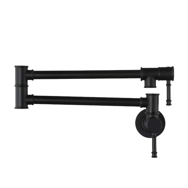 Residential Wall Mount Folding Pot Filler Kitchen Faucet with Dual Handles and 360-Degree Rotating Spout in Matte Black