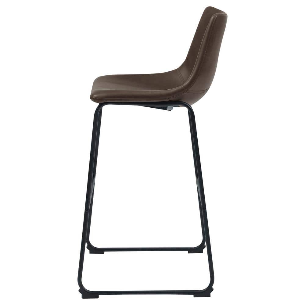 Brown Leather and Black Metal Industrial Bar Stools, Set of 2