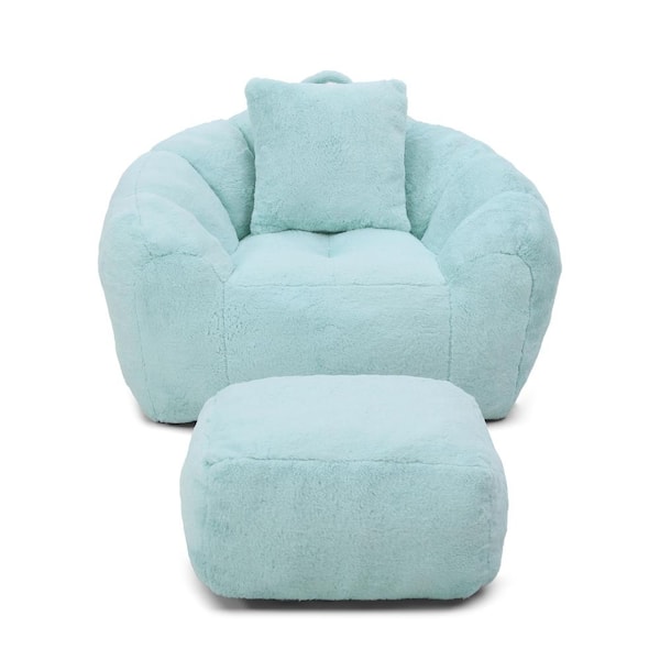 Light Blue Faux Fur Large (45.4x36x25.6 in.) Bean Bag with Footstool, Oversized Shell-Shaped Floor Sofa for Adults &