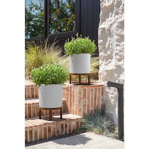 Demi 12 in. Raised with Stand Round White Plastic Planter with Brown Stand (2-Pack)