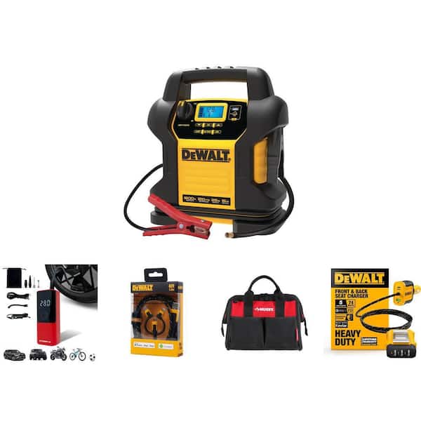 Portable Jump Starter, Tire Inflator, 3-In-1 Cable, 5-Port Charger and 12 in 4 Pocket Tool Bag Kit (5-Piece)