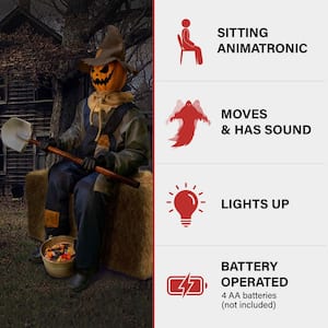 55 in. Premium Talking Halloween Animatronic Smiling Jack The Shovel-Wielding Sitting Scarecrow by Tekky