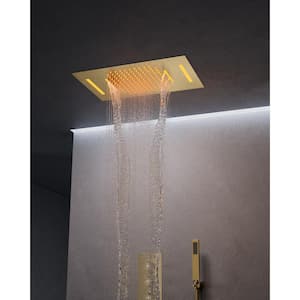 23 in. L x 15 in. W 7-Spray Patterns LED Waterfall Ceiling Mount and Handheld Shower Head in Brushed Gold