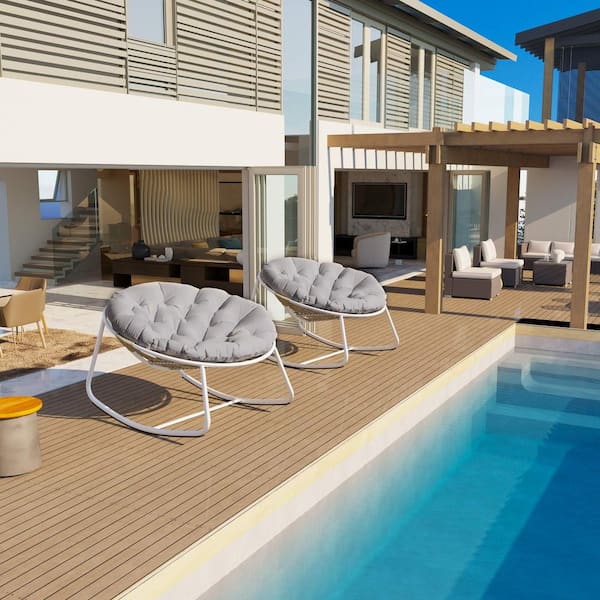Cesicia Metal Round Outdoor Rocking Chair White Frame with Light Gray Cushion Water-Resistant for Backyard, Patio, Poolside