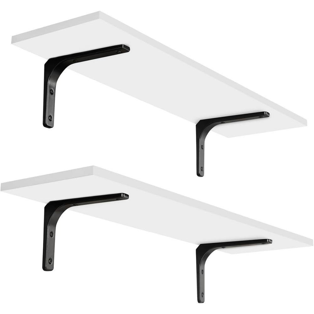 23.6 Inch White Wood Floating Wall Shelves with Black Metal Brackets