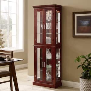 Walnut Finish Curio Cabinet with Lights, Mirrored Back Panel, 4 Doors and Adjustable Shelves