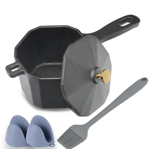 Grill Pans Cast Iron Sauce Pot 1-Piece Black Heavy Duty Cookware Set with Lid Heat Resistant Gloves Spice Brush