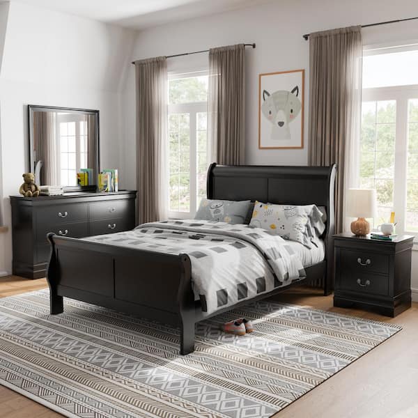 Furniture of America 4-Piece Burkhart Black Wood Full Bedroom Set with ...