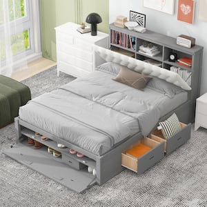 Button-Tufted Gray Wood Frame Queen Linen Upholstered Platform Bed with 4-Drawer, 2-Layer Shoe Racks, Hidden Storage