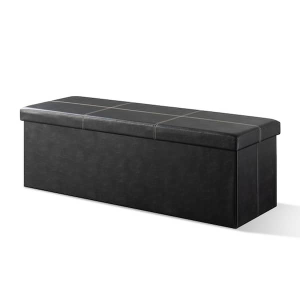 best price mattress 45 Inch Faux Leather Collapsible Storage Ottoman, Foam Top Seat, Black Line Design