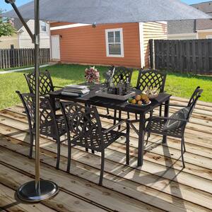 Dark Brown 7-Piece Aluminum Patio Dining Set With Umbrella Hole With Powder Coat Paint Finish, Seating for 6