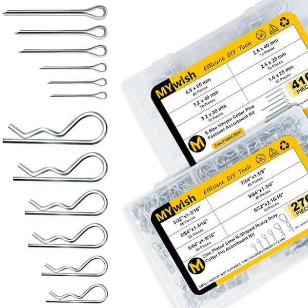 Cotter Pin and R-Clip Assortment Kit, Zinc-Plated Steel, 12-Sizes 2-Types (620-Pack)