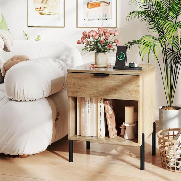 Natural 18 in. W Nightstand with Charging Station Drawer Compartment Modern Side End Table