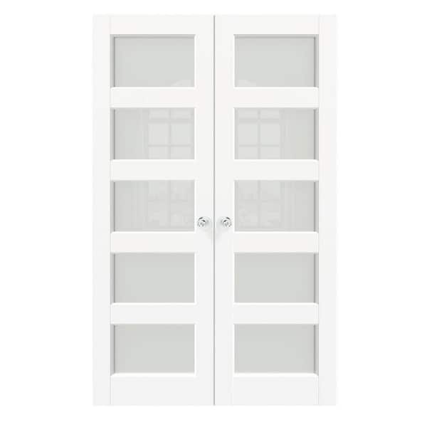 48 in. x 80 in. MDF Composite, Primed, White, 5 Lite, Frosted Glass Interior Door Slab with Silver Sphere Doorknob