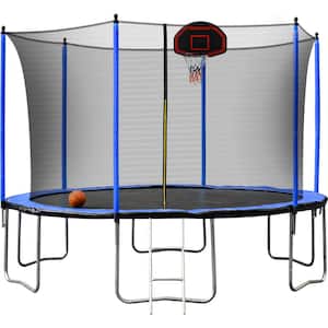 12 ft. Outdoor Round Blue Trampoline with Basketball Hoop, Hoop, Net, Rubber Ball, Inflator and Ladder
