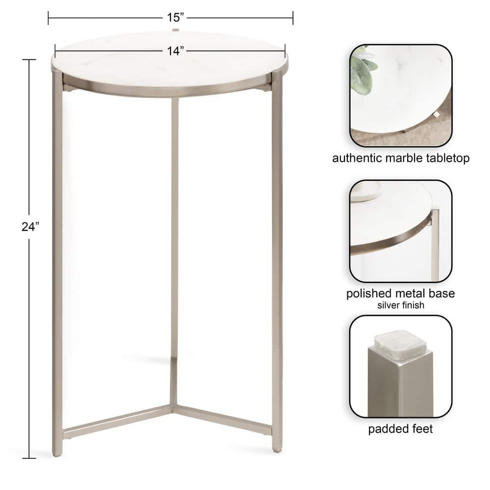 Silver Round Marble and Metal Side Table