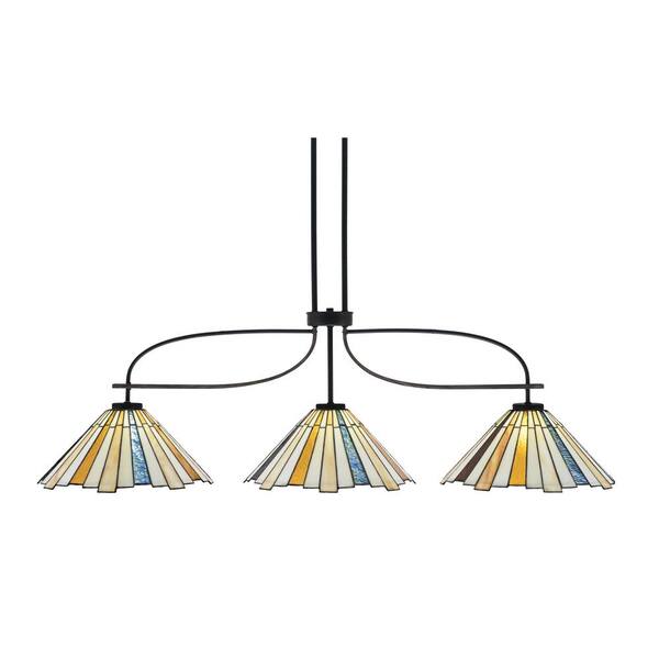 Unbranded Wensley 14.75 in. 3-Light Matte Black & Painted Distressed Wood-Look Metal Chandelier Sequoia Art Glass Shade