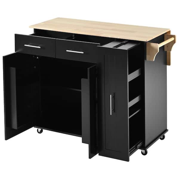 Cesicia Black Wood 46 in. W Drop Leaf Kitchen Island with 3 Tier Pull Out Cabinet Organizer and Internal Storage Rack