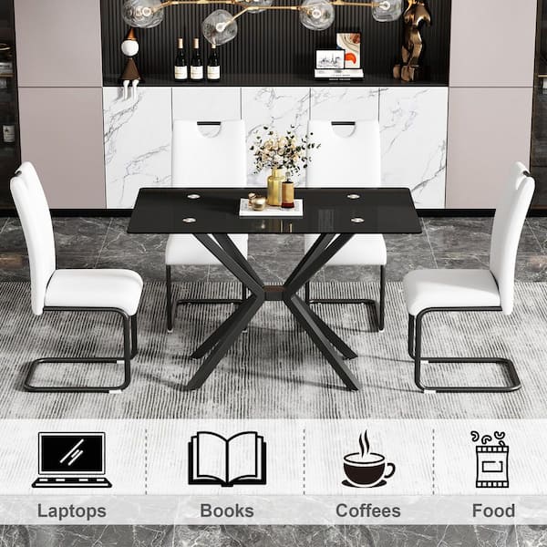 47.24 in. Rectangular Black Tempered Glass Table with Adjustable Black Metal Cross Legs Dining Table, Seats 4-6 people