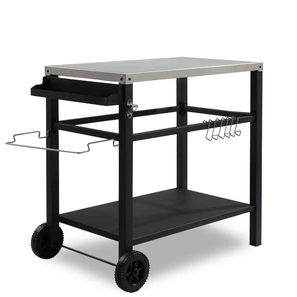 Winado Black Two Shelf Stainless Outdoor Movable Food Prep Grill Cart   Grill Carts 691351367524 64 1000 