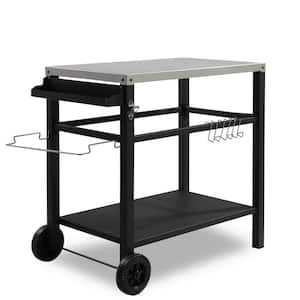 Black Two-Shelf Stainless Outdoor Movable Food Prep Grill Cart Table