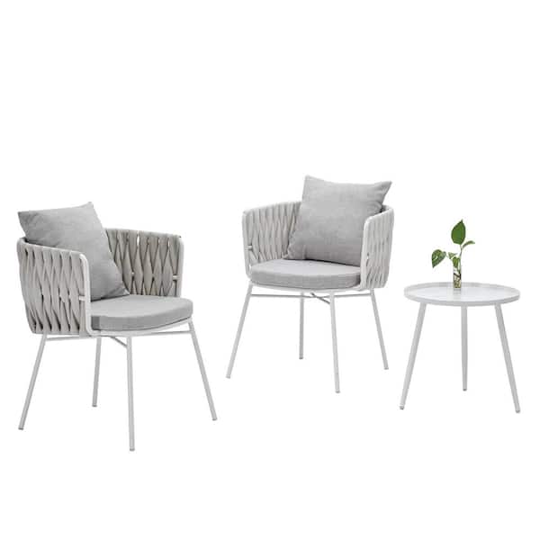 Unbranded White 3-Piece Modern Rattan Wicker Round Outdoor Patio Coffee Chair Outdoor Bistro Set with Cushions
